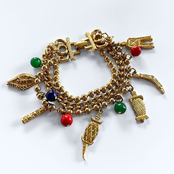 Vintage Multi Gold Chain Egyptian Revival Charm Bracelet - Picture 1 of 6